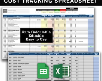 May include: A spreadsheet template for construction budget and cost tracking. The spreadsheet is labeled "Construction Budget and Cost Tracking Spreadsheet". The spreadsheet is divided into columns for project, cost category description, unit, quantity, unit cost, budgeted cost, actual cost, paid, owed, amount owed, variance, variance %, vendor, subcontractor, and payment status. The spreadsheet is labeled "Auto Calculable, Editable, Easy to Use". The spreadsheet is compatible with Google Sheets and Excel.