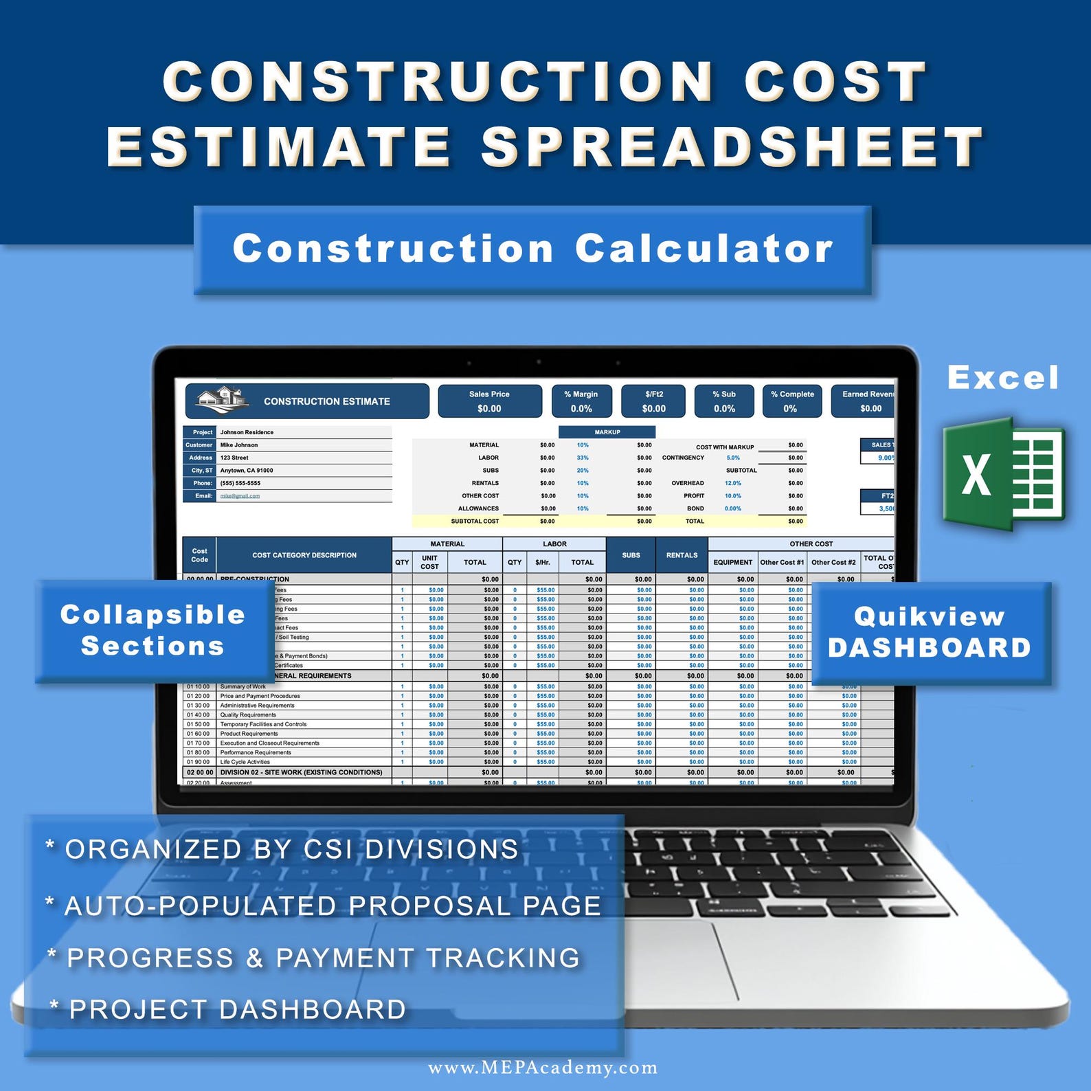 Construction Cost Estimate Calculator | Project Management | Excel ...