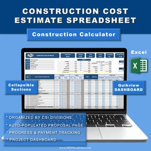 Könnte beinhalten: Ein Laptop-Computer zeigt eine Tabellenkalkulation mit dem Titel "Construction Cost Estimate Spreadsheet" und dem Text "Construction Calculator". Die Tabellenkalkulation ist nach CSI-Divisionen geordnet und umfasst Funktionen wie automatisch ausgefüllte Angebotsseiten, Fortschritts- und Zahlungsüberwachung sowie ein Projekt-Dashboard. Die Tabellenkalkulation ist in Microsoft Excel geöffnet.