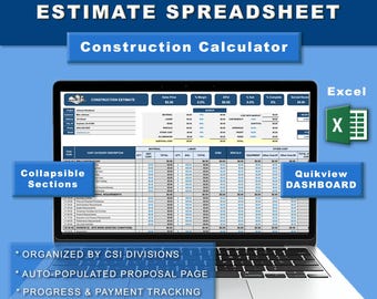 Construction Cost Estimate Calculator | Project Management | Excel Spreadsheet | Renovation Planner | Proposal with Cost Breakdown | Digital