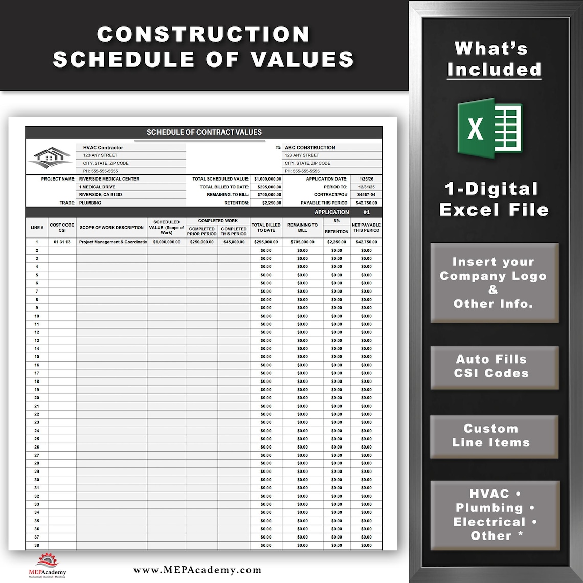 Construction Schedule of Values Template | Automated SOV Excel Sheet ...