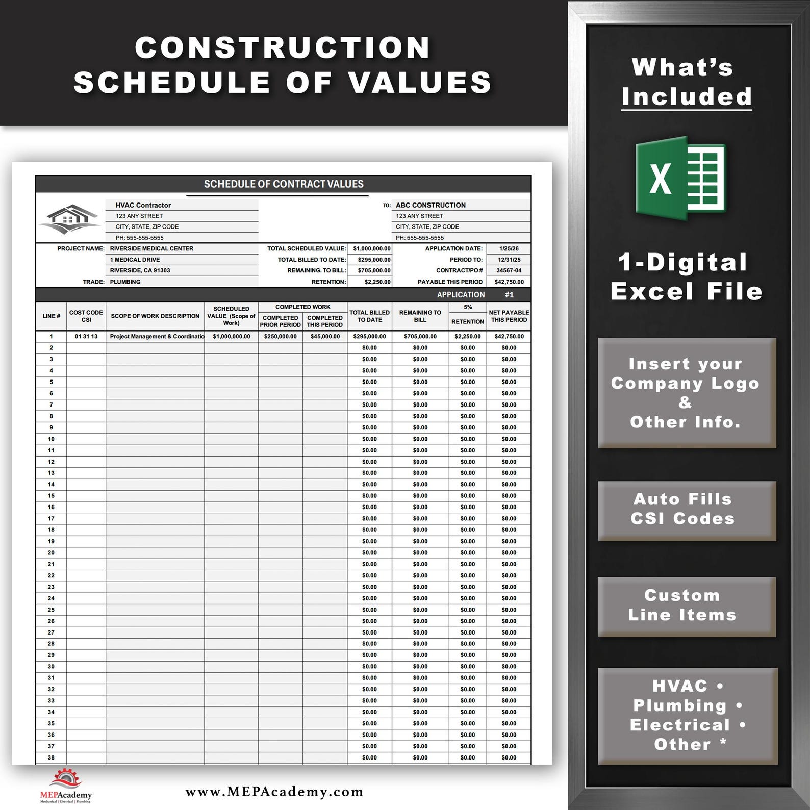 Construction Schedule of Values Template | Automated SOV Excel Sheet ...
