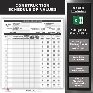Op de afbeelding: Een constructieschema van waarden document met een witte achtergrond en zwarte tekst. Het document bevat secties voor contractwaarden, projectdetails en een tabel voor het volgen van kosten. De rechterkant toont een digitaal Excel-bestand.