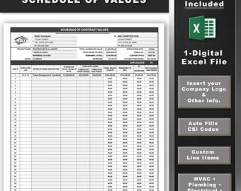 Construction Schedule of Values Template | Automated SOV Excel Sheet with CSI Codes, HVAC Plumbing Electrical Billing Tracker