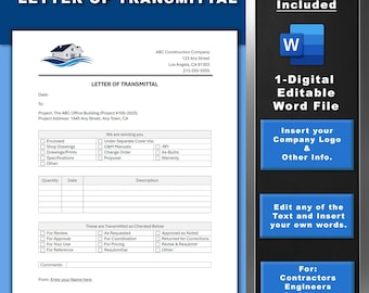 May include: A Letter of Transmittal template with a blue and white design. The document includes fields for project details, a checklist, and a section for comments. The right side features a digital Word file graphic and text for contractors, engineers, and architects.