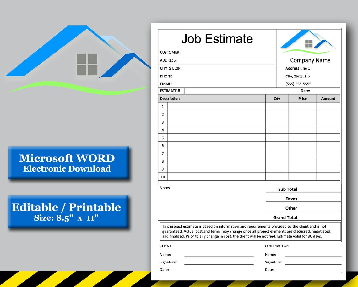 Job Estimate Template Microsoft Word Editable Doc Google Doc