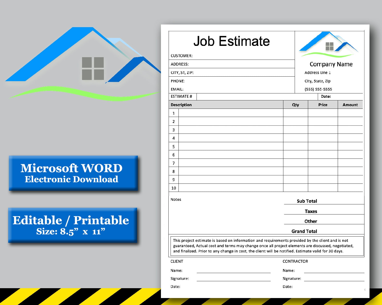 Job Estimate Template, Microsoft Word Editable Doc, Google Doc ...