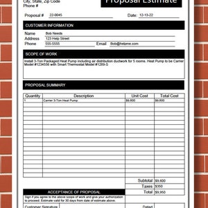 Printable Proposal Estimate - Job Estimate - MS Word - Job Proposal