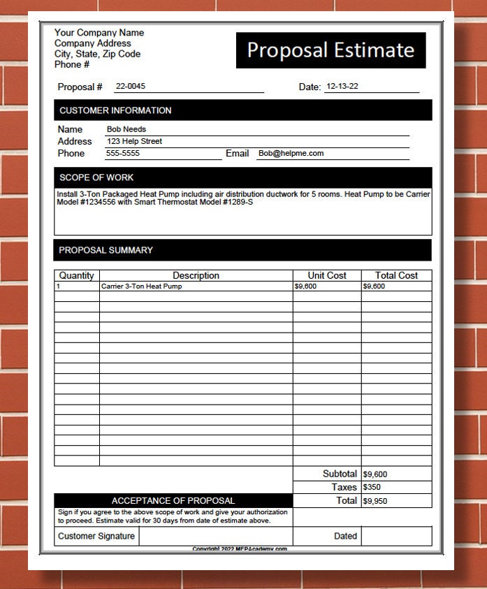Printable Proposal Estimate - Job Estimate - MS Word - Job Proposal