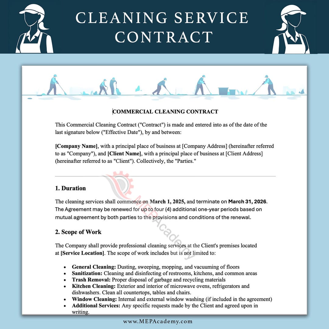 Professional Cleaning Service Contract - Editable and Downloadable ...