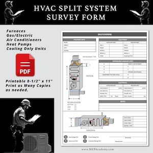May include: A printable survey form for HVAC split systems. The form includes sections for property information, equipment details, electrical specifications, and notes. A diagram of a vertical and horizontal split system is included.