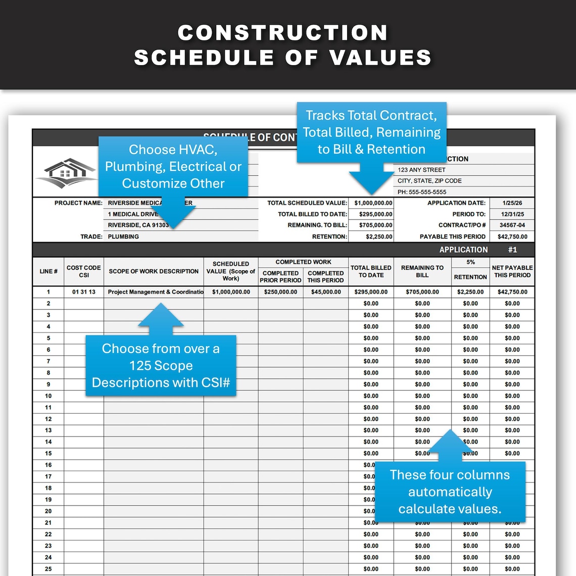 Construction Schedule of Values Template | Automated SOV Excel Sheet ...