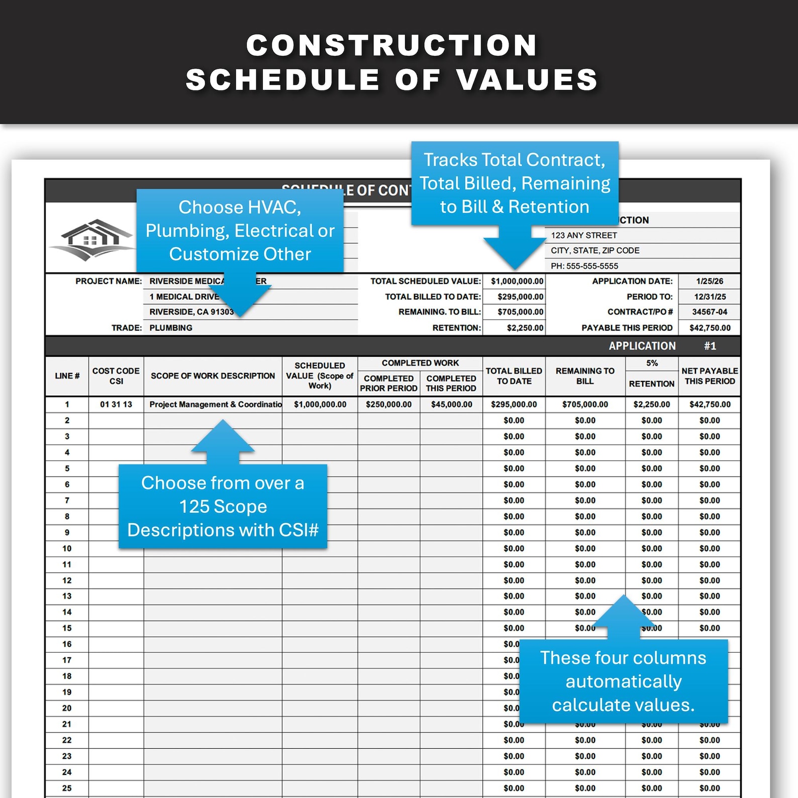Construction Schedule of Values Template | Automated SOV Excel Sheet ...
