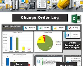 Construction Change Order Log & Dashboard Template | Excel Change Order Tracker | Contractor Project Management Spreadsheet