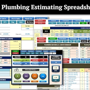 Puede incluir: Una captura de pantalla de una pantalla de computadora que muestra un programa de hoja de cálculo para la estimación de plomería. La hoja de cálculo tiene varias pestañas, que incluyen "Inicio y prueba", "Ingeniería" y "Equipo y accesorios". La hoja de cálculo también incluye una pestaña "Resumen de materiales y mano de obra de plomería".