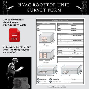 Peut inclure: Un formulaire d'enquête imprimable en noir et blanc pour les unités de toiture CVC. Le formulaire comprend des sections pour les informations sur la propriété, les détails de l'équipement, les dimensions, les spécifications électriques et les notes. Le formulaire comprend également des diagrammes de différentes configurations d'unités de toiture.