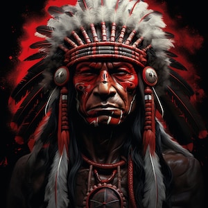 May include: A Native American man wearing a traditional headdress with red and white feathers. He has red paint on his face and is wearing a necklace with a red and white design.
