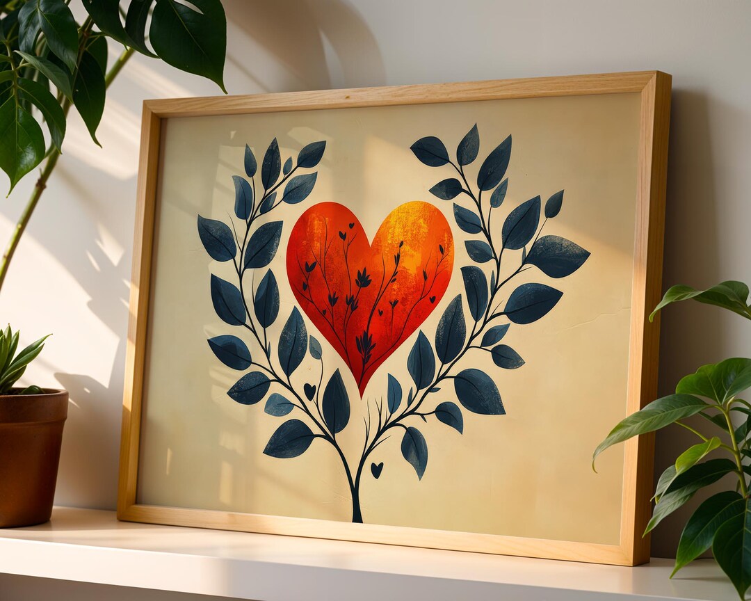 Botanical Love Digital Printable Artwork | Red Heart Nature Wall Art ...