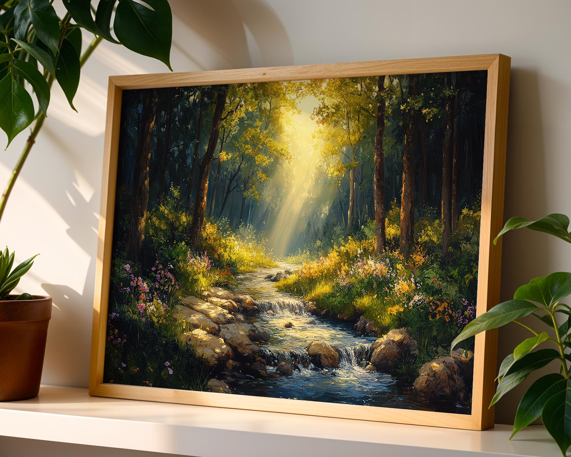 Enchanting Forest Stream Cottagecore Printable Artwork | Instant Download Nature Wall Art for Peaceful Spaces | Sunlit Woodland Scene