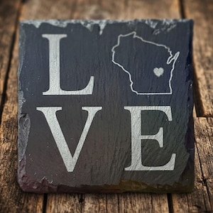 Customizable "LOVE" State Slate Coaster - Personalized Gift for Weddings, Anniversaries, or Hometown Pride