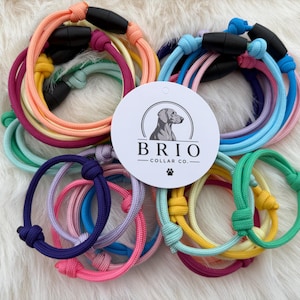 May include: A collection of colorful rope bracelets or collars featuring adjustable knots and black cylindrical magnetic clasps. A circular white tag is centered in the arrangement, displaying the text BRIO COLLAR CO. and a dog illustration.