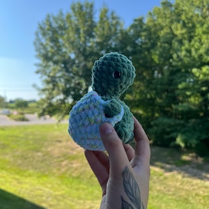 May include: A handmade green crochet turtle with a light blue shell. The turtle has a round head, small black eyes, and a soft, textured appearance. The shell is a light blue with pastel accents. The turtle is held up against a background of green trees and a blue sky.