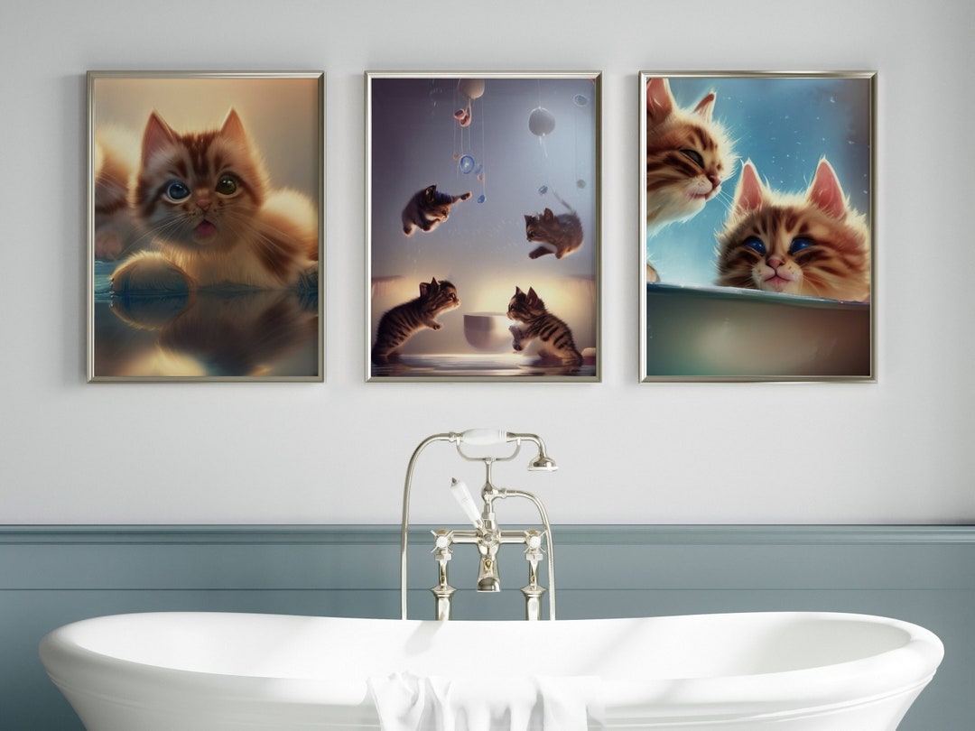 Bathroom Cat Art Bathroom Art Wall Decor Set Funny Cat Art - Etsy