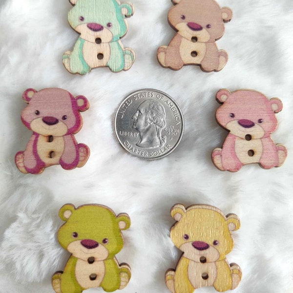 28mm Wooden Baby Bear buttons, 2 hole, DIY Sewing supply, crafting, knitting, crochet, Lightweight, whimsical, kids, Nursery, Pastel Bears