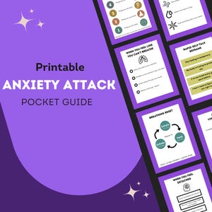 May include: A purple and white printable pocket guide for anxiety attacks. The guide includes cards with instructions for breathing exercises and self-talk techniques. The text on the guide includes "When you feel like you can't breathe" and "Rapid self-talk reframe."