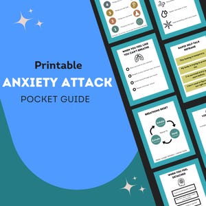 Könnte beinhalten: Ein druckbarer "Anxiety Attack Pocket Guide" in Teal und Weiß mit Selbsthilfe-Tipps. Der Leitfaden enthält Abschnitte zu Atmung, Selbstgesprächen und Erdungstechniken. Der Hintergrund ist ein Gradient aus Blau und Teal mit Sternakzenten.