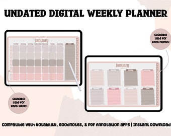 Undatierter Digitaler Wochen- und Monatsplaner/Kalender, Digitaler Wochen- und Monatsplaner/Kalender, Digitaler 12-Monats-Planer/Kalender