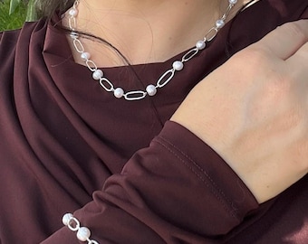 Sterling Silver Pearl Jewelry Set: Necklace & Drop Earrings
