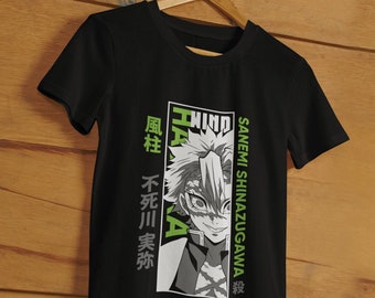 May include: Black t-shirt with a graphic print of a character from the anime "Demon Slayer". The character is Sanemi Shinazugawa, the Wind Hashira. The text "Wind Hashira" and "Sanemi Shinazugawa" is printed in green on the shirt. The character's name is written in Japanese on the shirt.