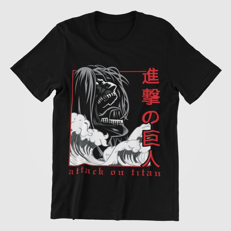 May include: Black t-shirt with a white and gray illustration of a character from the anime Attack on Titan. The character is shown with a fierce expression and is surrounded by waves. The text "進撃の巨人" is written in red Japanese characters, which translates to "Attack on Titan".