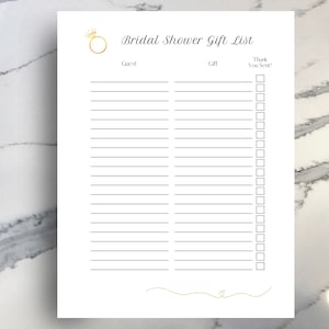 Printable Bridal Shower Gift List Digital Download, Thank You Tracker ...