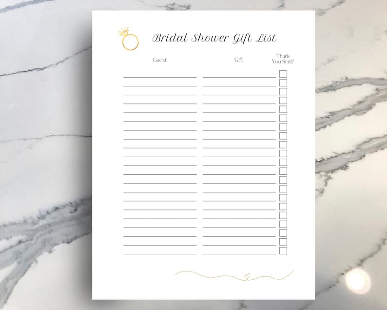 Printable Bridal Shower Gift List Digital Download, Thank You Tracker ...