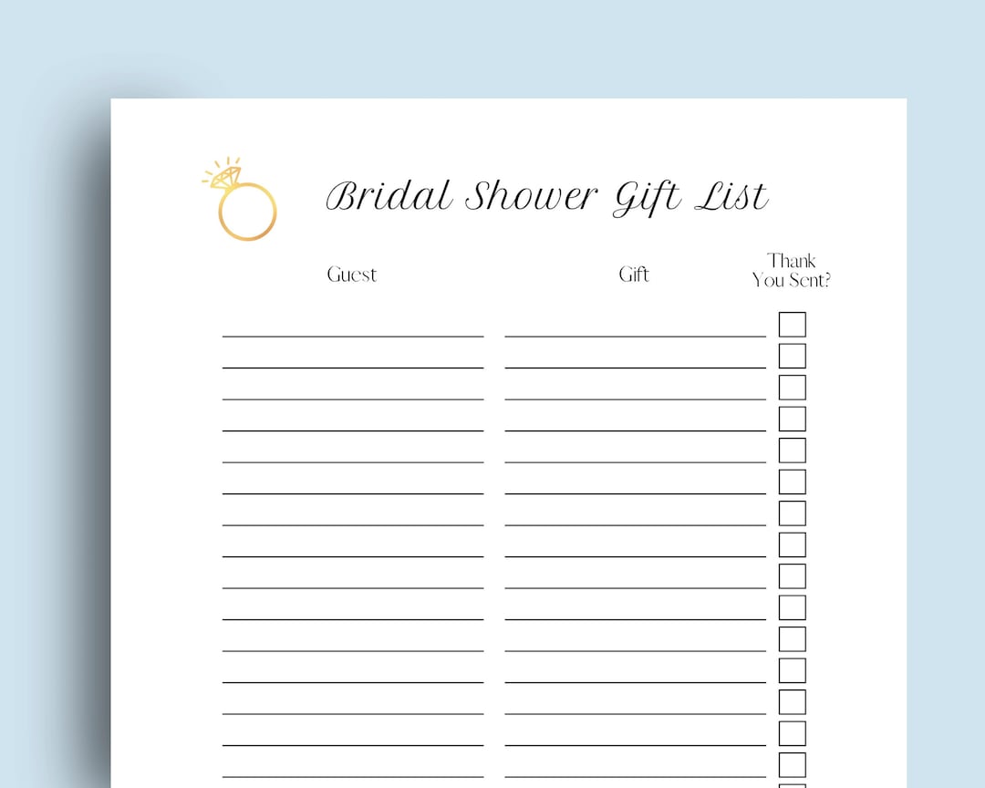 Printable Bridal Shower Gift List Digital Download, Thank You Tracker