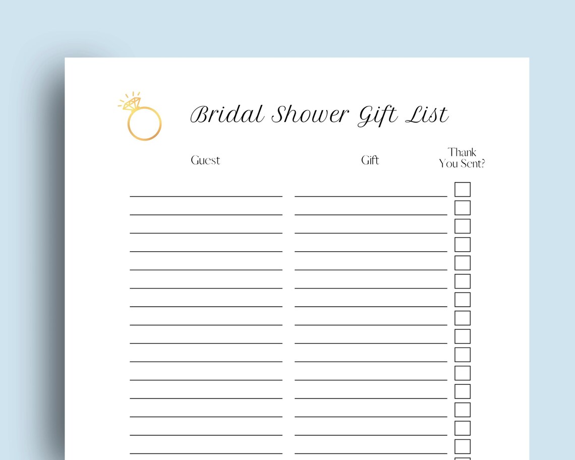 Printable Bridal Shower Gift List Digital Download, Thank You Tracker ...