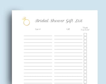 Printable Bridal Shower Gift List Digital Download, Thank you Tracker List, Gift Checklist