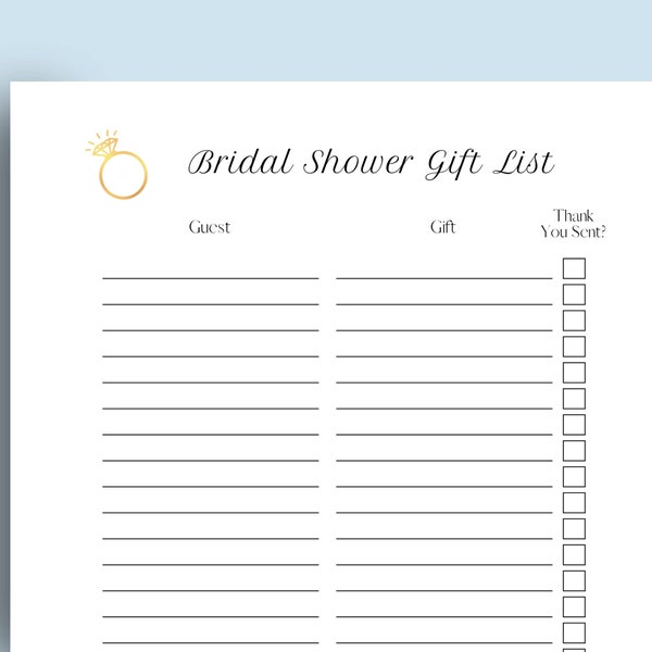 Printable Bridal Shower Gift List Digital Download, Thank you Tracker List, Gift Checklist