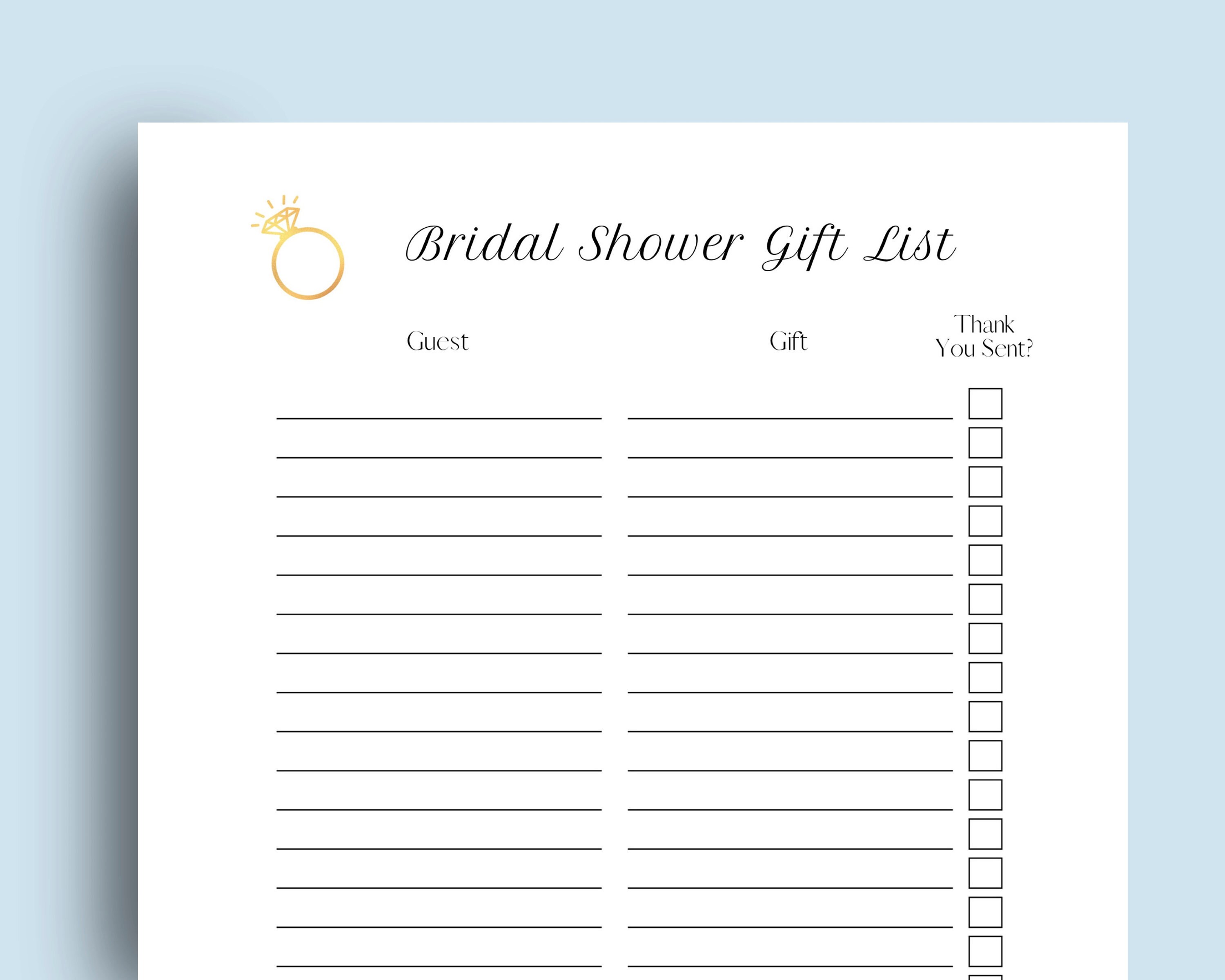 Printable Bridal Shower Gift List Digital Download Thank You Tracker List Gift Checklist Etsy