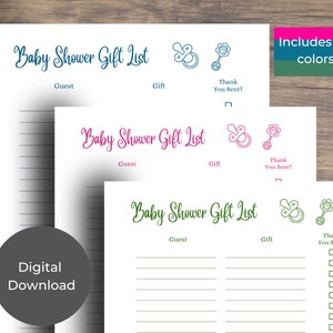Baby Shower Gift List, Multicolor Printable Digital Download,  Thank you Tracker List, Gift Checklist
