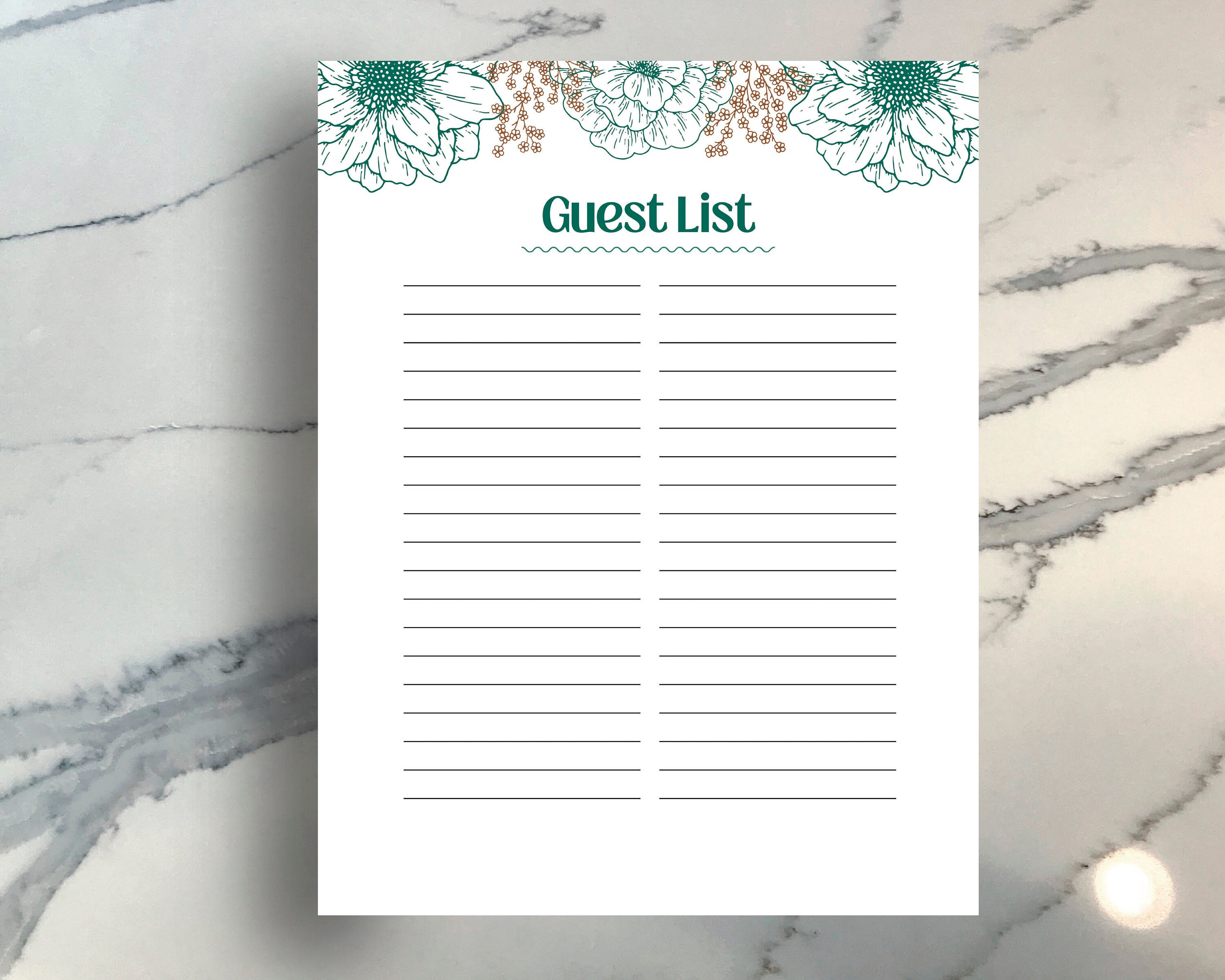 Printable Guest List, Wedding Shower Guest List, Bridal Shower Guest List Etsy