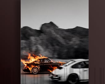 Porsche 911 On Fire Poster, Porsche Racing Wall Art, Burning Porsche Print, Vertical Porsche Art, Digital Download