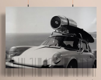 Porsche 911 Spy Car Poster, Porsche Wall Art, Jet Engine Porsche Print, Black White Porsche Art, Horizontal Digital Download
