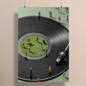 Surreal Schallplatte Poster druckbare, konzeptuelle Wandkunst, Miniaturmenschen Druck, moderne Metapher Design, digitaler Download, Golf Poster