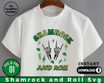 Shamrock and Roll SVG , Rock and roll svg,Retro St Patrick’s svg,Trendy patricks day, St. Patrick's svg,Skeleton svg ,Shamrock png svg