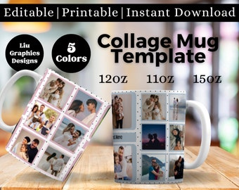 Photo Collage Template For Mug,  Family Photo Collage Template, Digital template for sublimation in Mugs, Mug Design Template