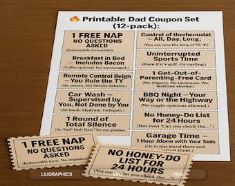 Funny Printable Dad Coupons for Father’s Day | 12 Hilarious DIY Coupon Vouchers for Instant Download PNF or SVG File Gift
