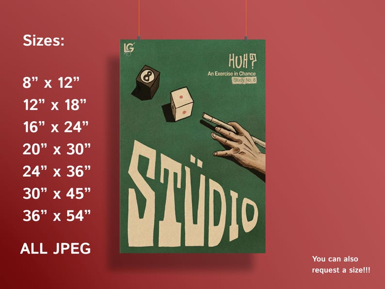Może przedstawiać: Plakat w stylu vintage z zielonym tłem, przedstawiający ilustrację kuli 8, kostki do gry i dłoni z kijem bilardowym. Słowo "STUDIO" jest wyświetlane w stylizowanej czcionce. Plakat zawiera r&oacute;wnież tekst "HOH? An Exercise in Chance Study No. 8."